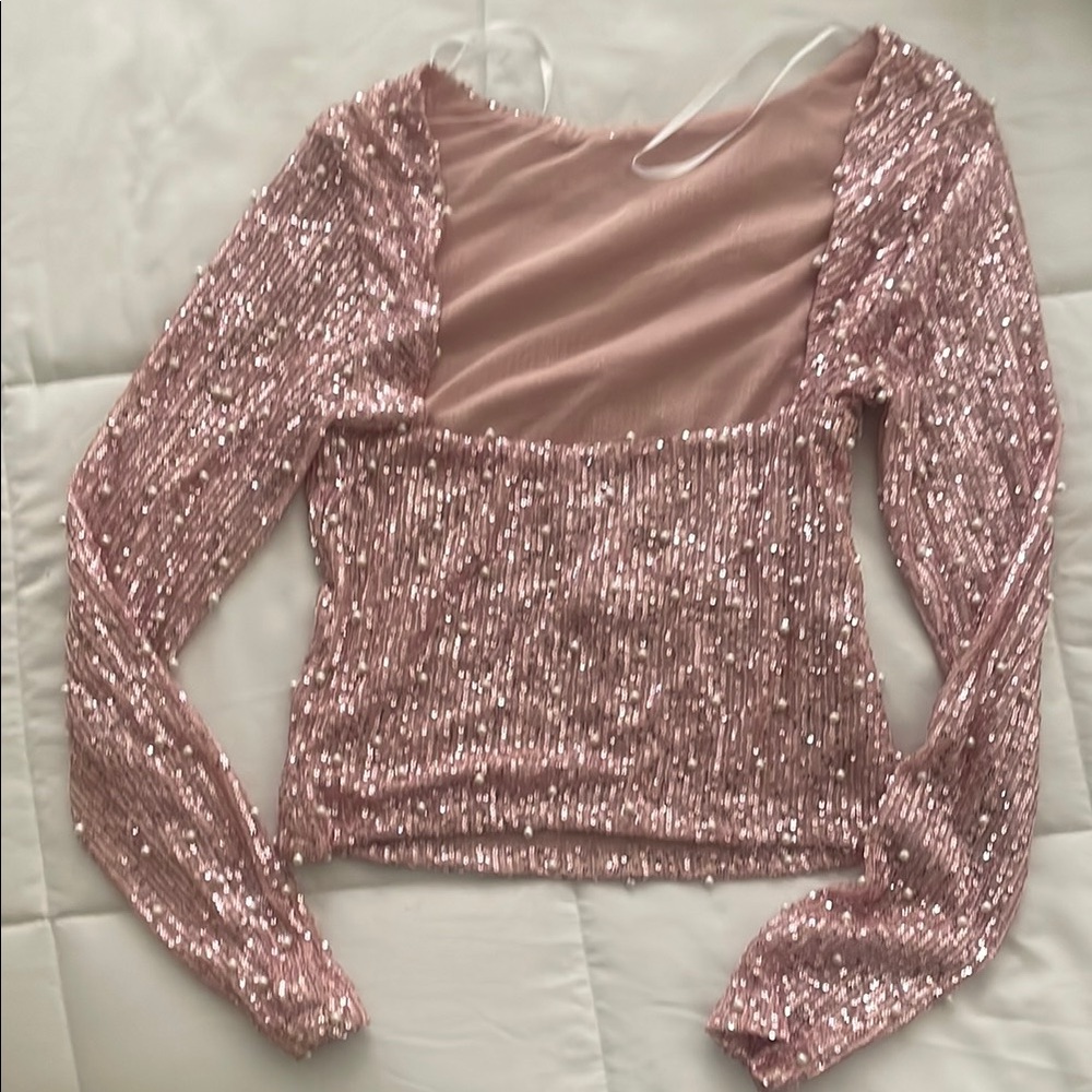 Pink and Gold Sequin Asymmetrical Blouse